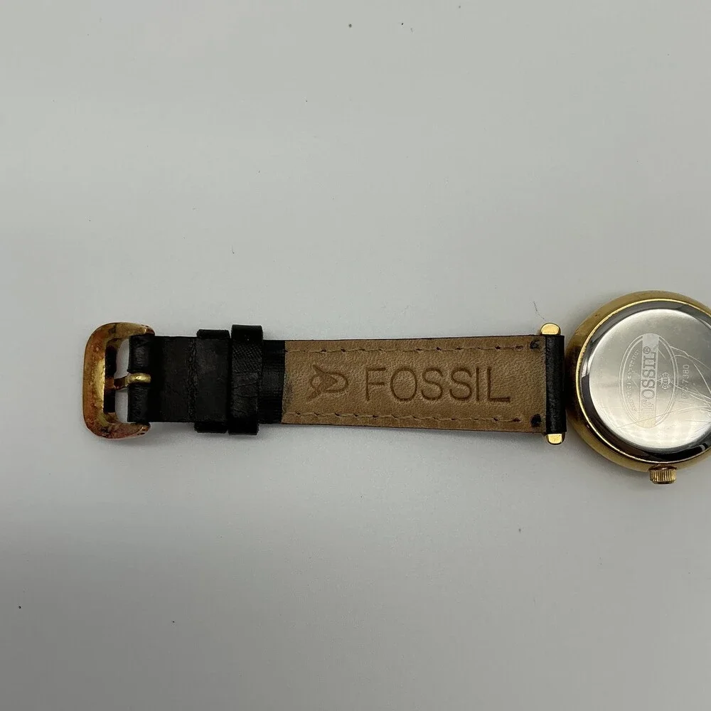 Vintage Fossil PC-7380 Women Watch 26mm Rivoli Crystal Black Leather New Battery
